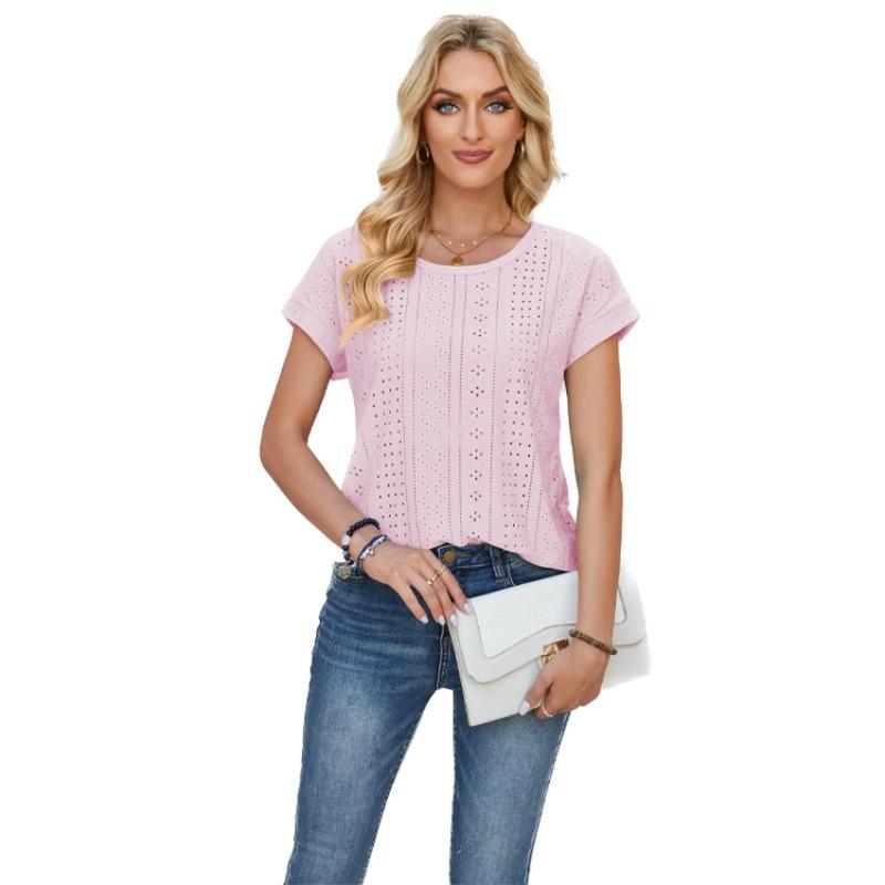 Women's Clothing Spring Summer New Loose Round Neck Eyelet Lace Solid Color T-shirt