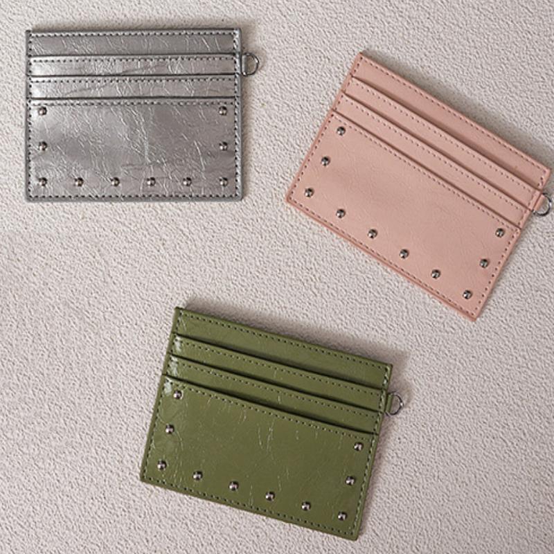 Compact Ultra Thin Cracked Leather Card Wallet Mini Size Multiple Slots With Rivet Design Solid Color Pu Coin Purse