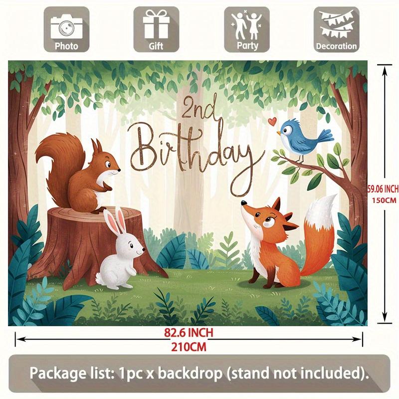 Forest 2nd Birthday Party Banner, Squirrel Rabbit Fox Polyester Backdrop for Room Wall