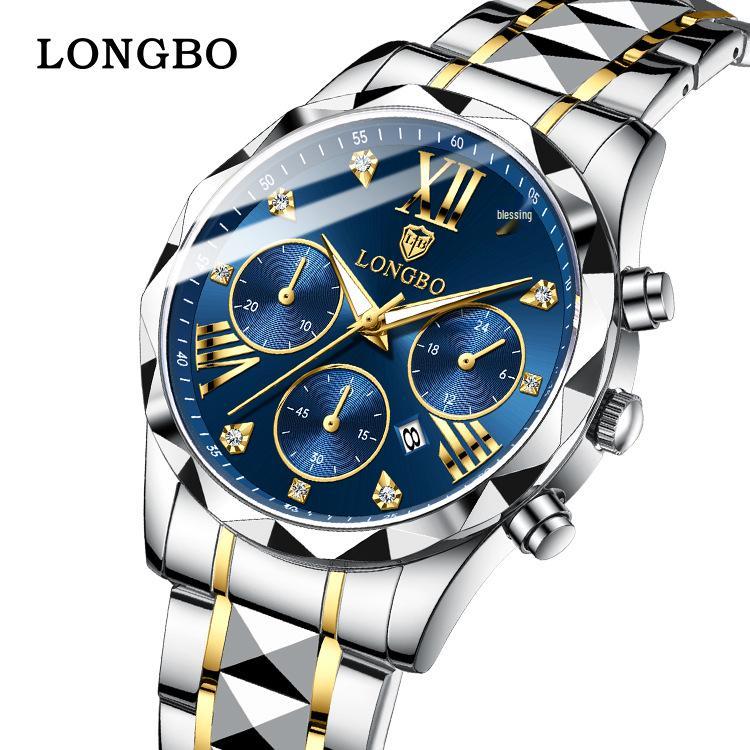 Longbo Men's Luxury Quartz Luminous Waterproof Roman Skeleton Wristwatch