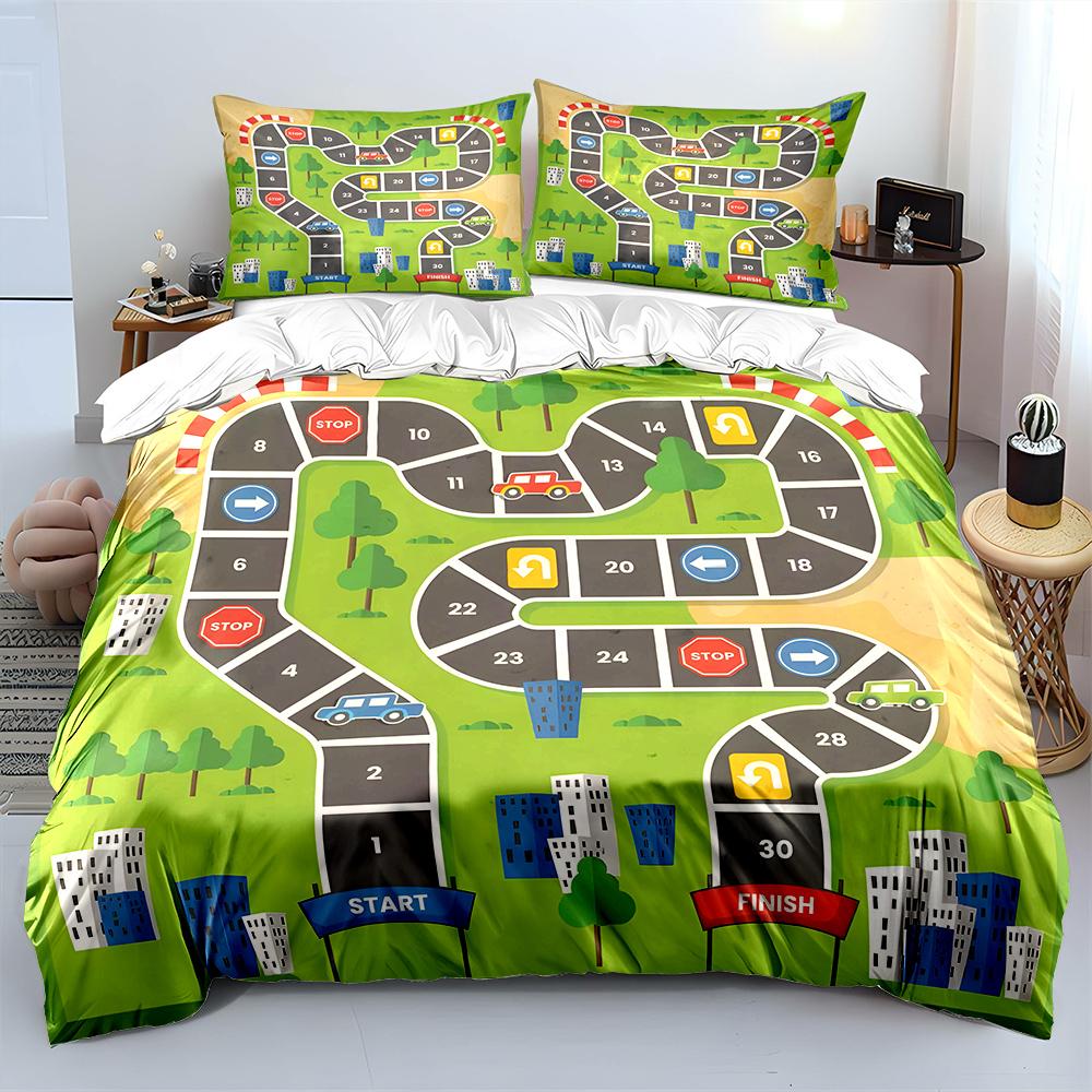 Cartoon Track map with vehicles Bedding Set for Kids Luxury Gift 3pcs Digital Print Comforter Set Soft Comfortable Breathable