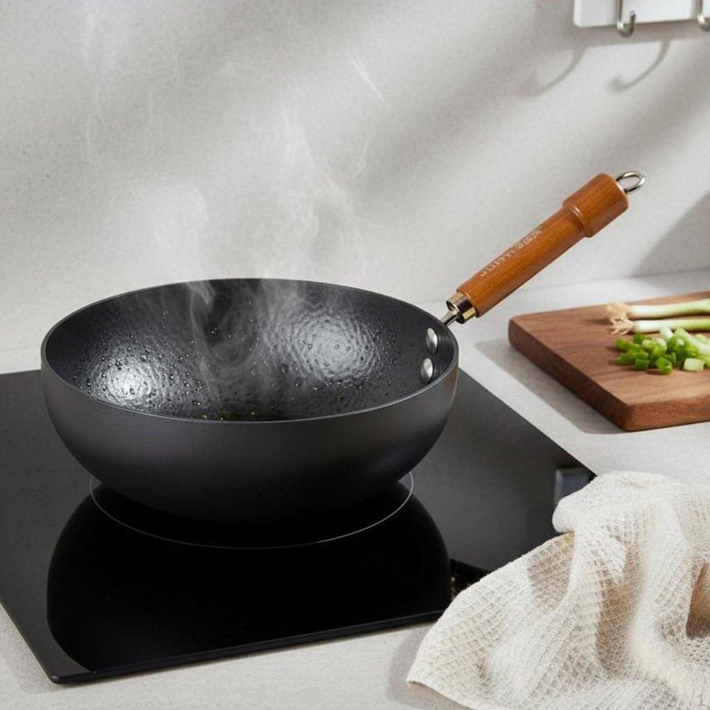 Uncoated Iron Wok Induction and Gas Compatible Flat Bottom Hammered StirFry Pan for Small