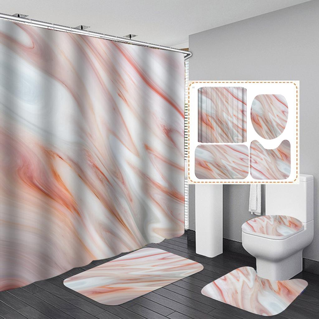Set Bagno Completo In Stile Marmo Verde: Tenda Doccia 182x182 Cm, Tappeto 75x44 Cm, Tappeto WC A U 44x40 Cm, 12 Ganci Inclusi, Stampa Digitale, Lavabile In Lavatrice