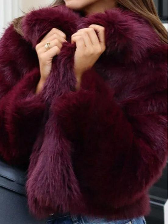 Burgundy Short Plush Fur Coat with Lapel - 2024 Autumn/Winter Collection
