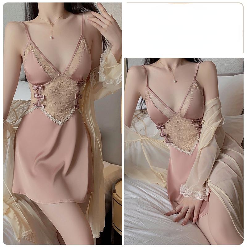 Sexy ryggløs forførende dyp V komfortabel pyjamas sløyfe stropp pyjamas kjole hjemme dress