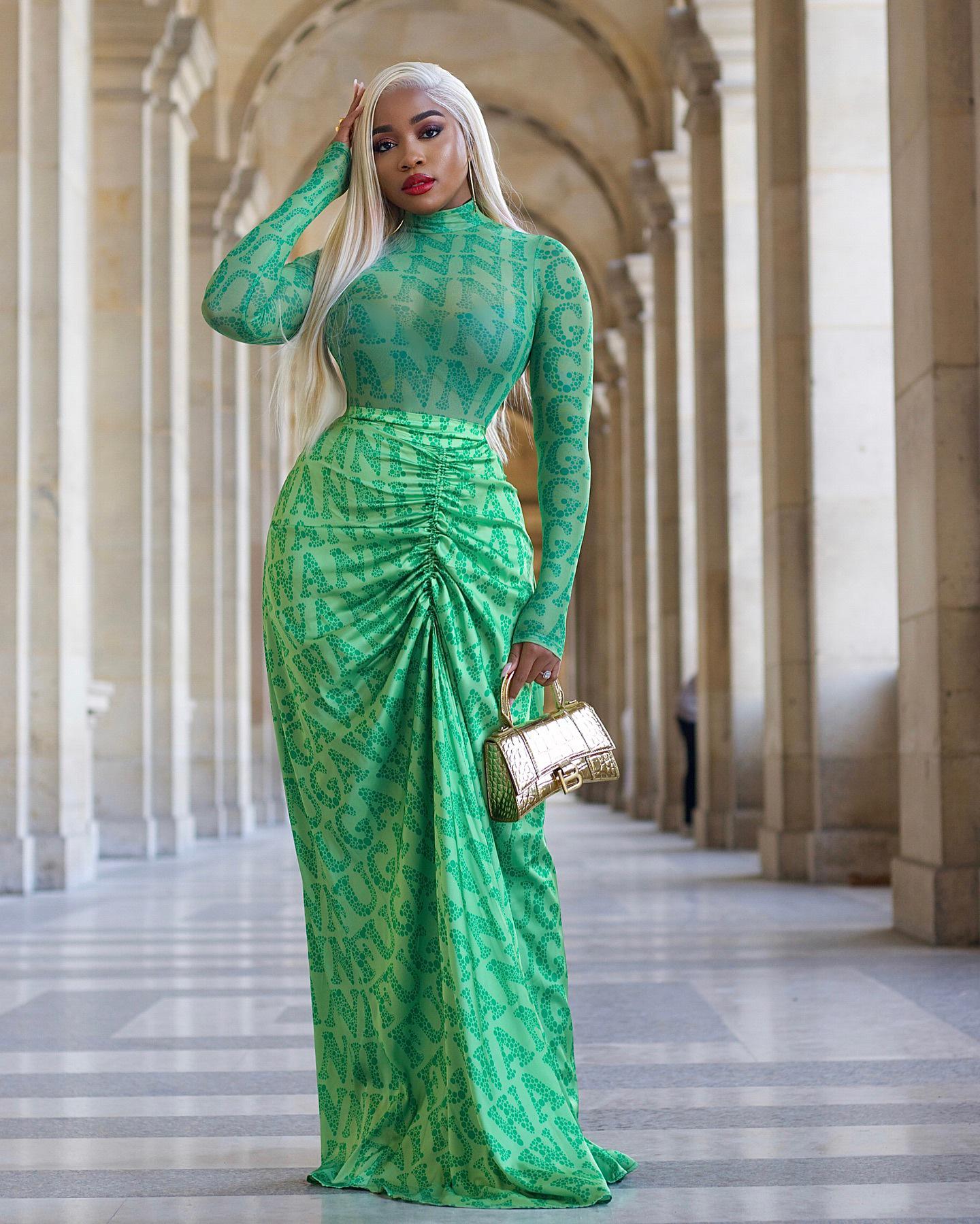 

Y6050 Европейский и американский женский осенне-зимний сетчатый топ и длинное облегающее платье на кулиске, комплект из 2 предметов Extra Large зелёный