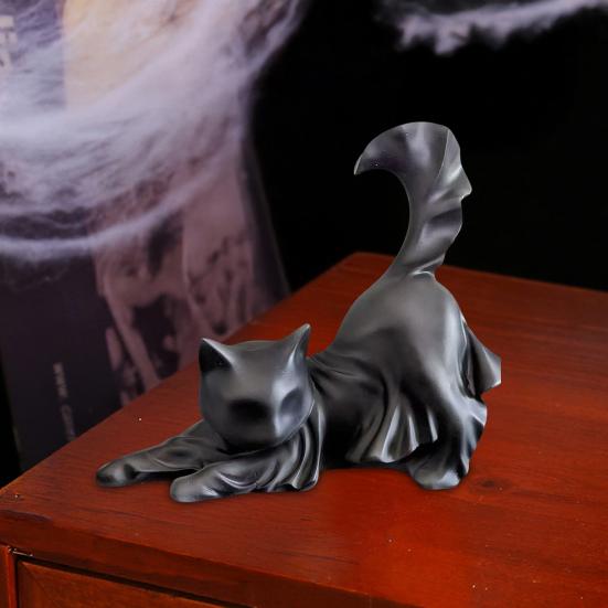 Black Ghost Cat Statue Resin Halloween Ghost Cat Figurine Gothic Feline Sculpture