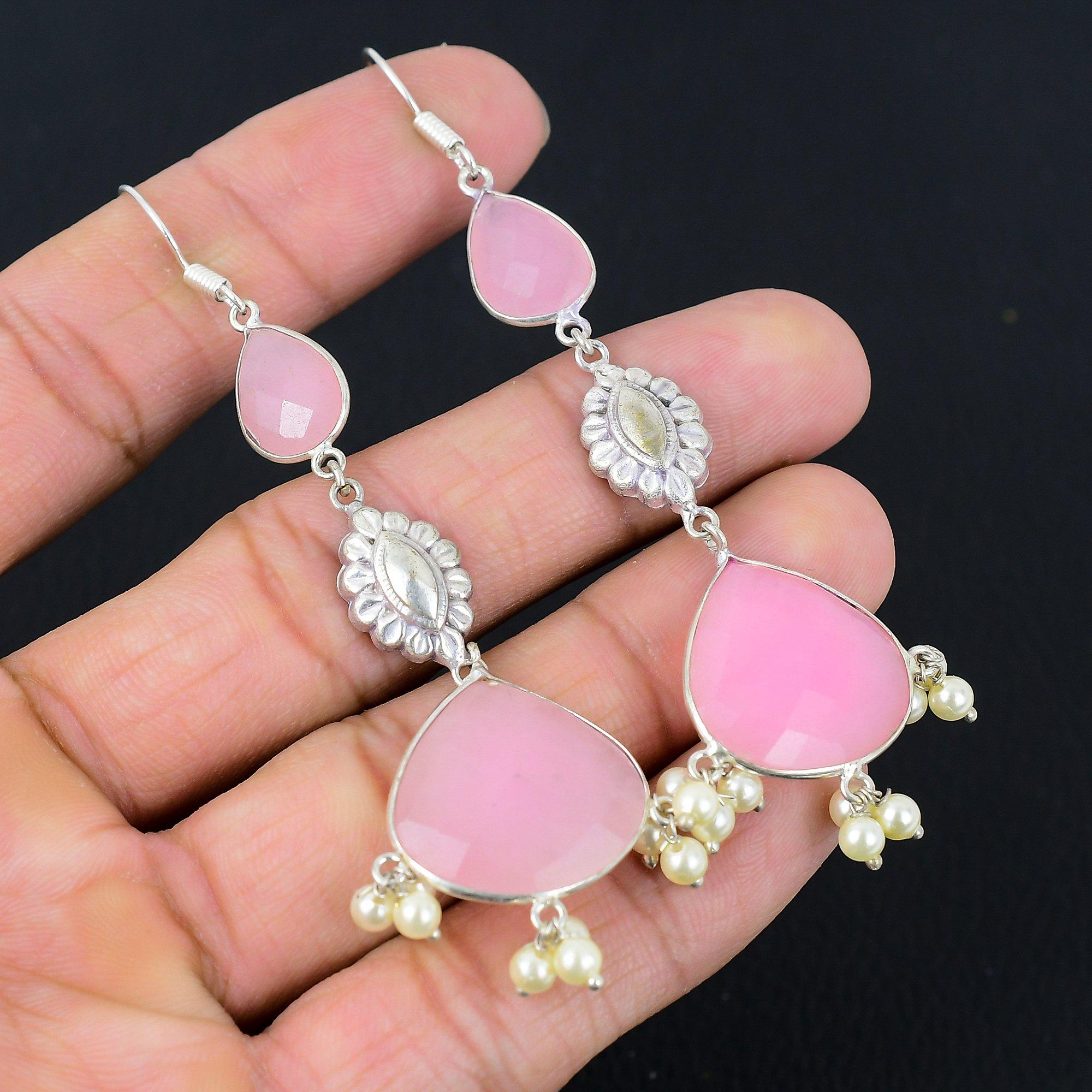 

Sisters Day Deal Pink Chalcedony Gemstone 925 Silver Dangling Art Deco Earrings