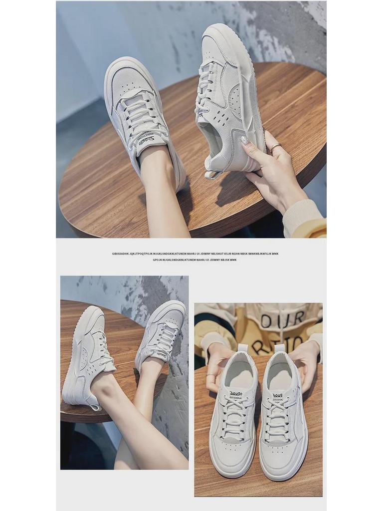 2025 Women's Flat White Leather Lace-Up Casual Sneakers: Comfortable & Simple for Spring