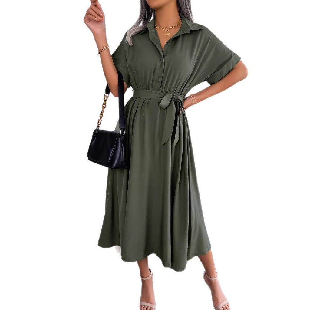 Summer Casual Loose Solid Color Tie-Up Long Shirt Dress for Women