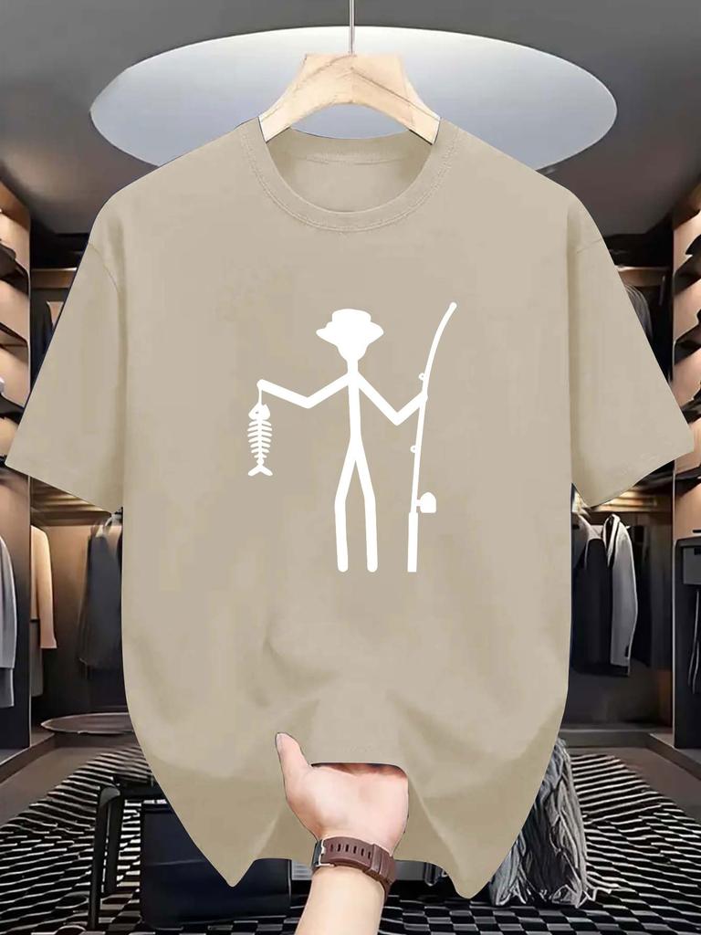 Unisex O Neck Tee Stick Figure Fisherunisex Fish Bone Print Cotton Short Sleeve Loose Summer Breathable Daily Casual Basic Wear Top