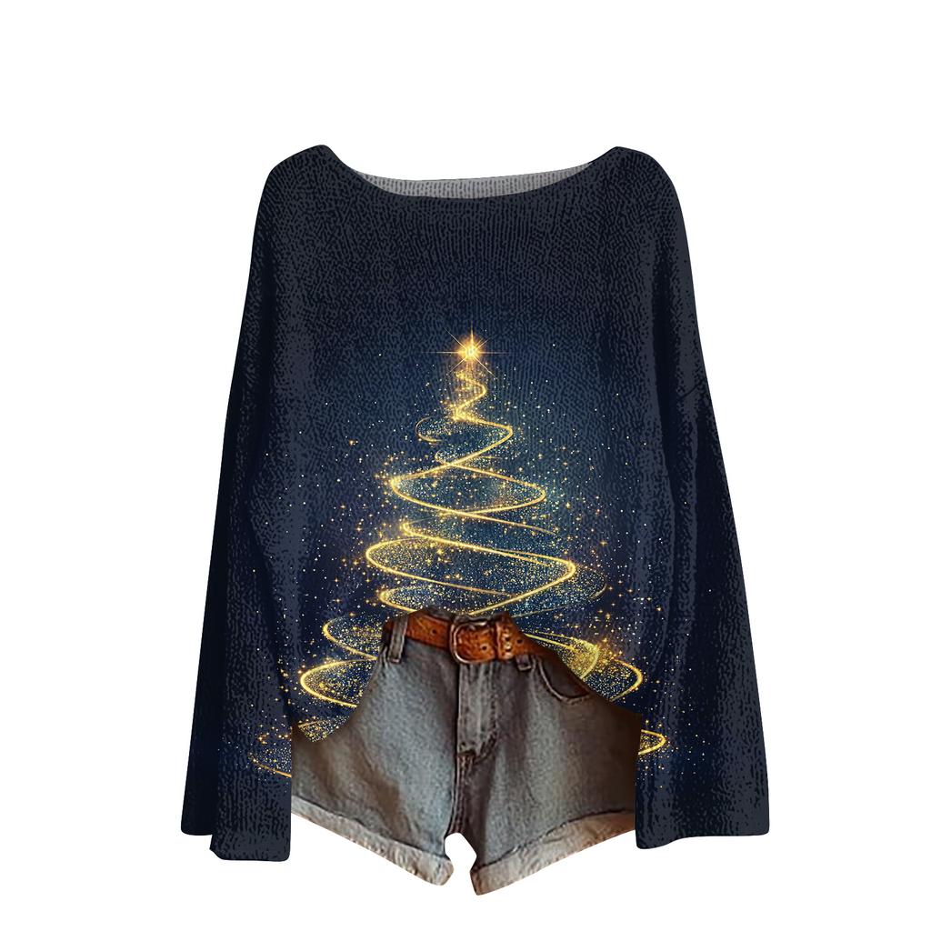 Ladies' Fashionable Casual Long Sleeved Christmas Printed Round Neck Knitted Yarn