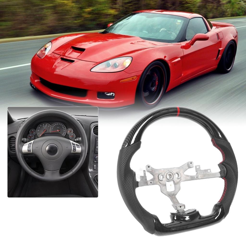 Hydro Dip Carbon Fiber Look Steering Wheel Perforated Leather Flat Steering Wheel For C6 2006‑2013 Red Stitching