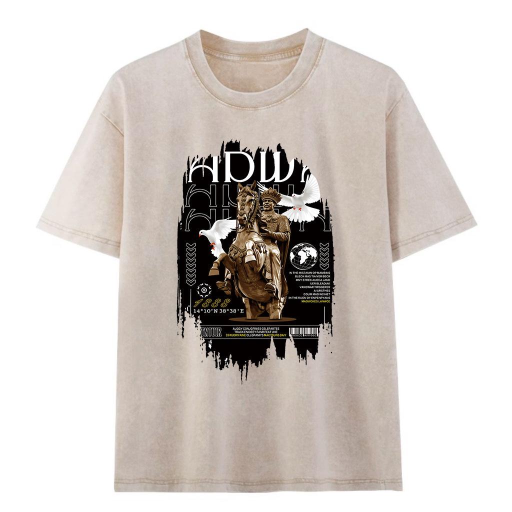 Unisex Retro Heavyweight Distressed Cotton Tee - Solid Color, Loose Fit, and Short Sleeves 3XL хаки