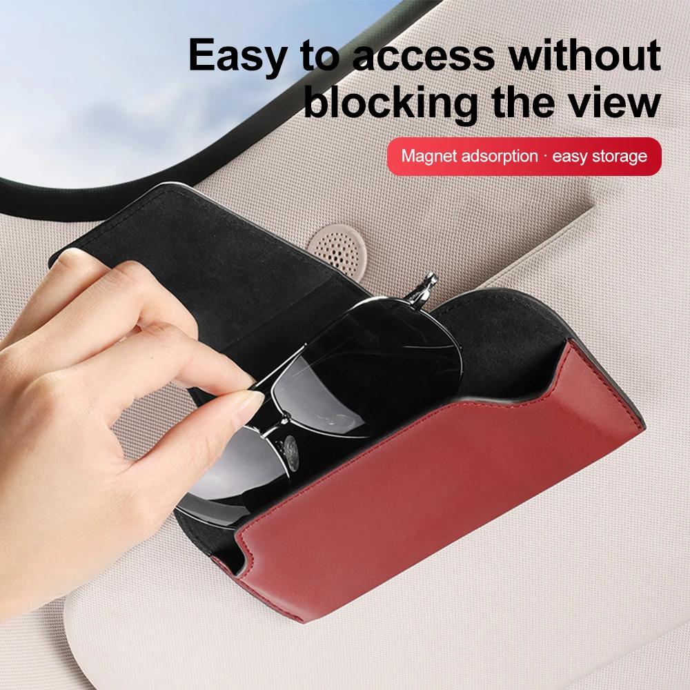 PU Leather Car Glasses Case Clip Hanger Magnetic Fastener Sunglasses Holder Storage Box Eyeglasses Holder Car Interior Accessori