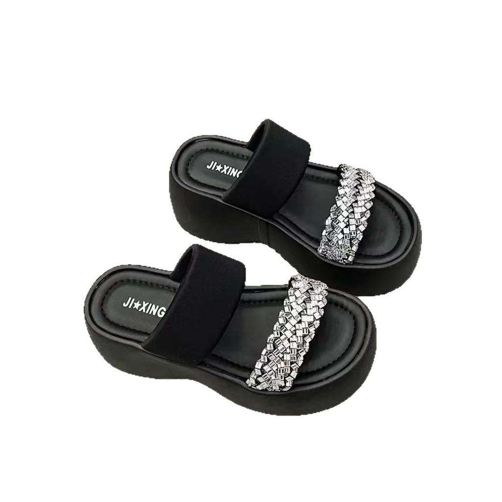 Stepping on shit feels thick-bottomed slope heel rhinestone outer slippers women's summer new versatile square head open-toed sandals