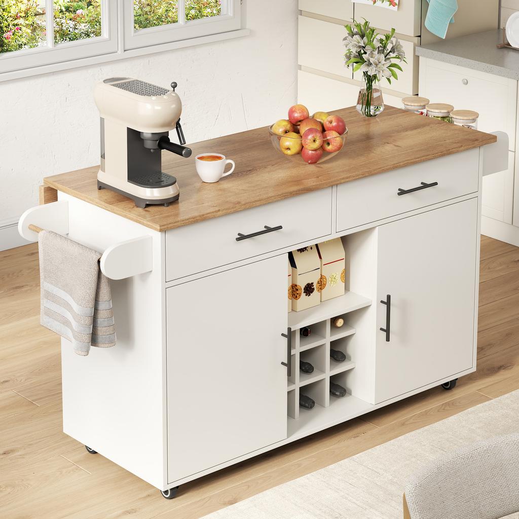Kücheninsel mit klappbarer Arbeitsplatte, Rollwagen, 2 Schubladen, Wein- und Gewürzregal, Handtuchhalter, Platzsparendes Design für Küche & Esszimmer