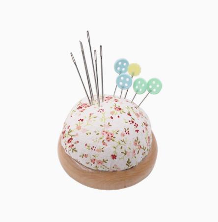 Wooden Pin Cushion for Needles and Pins, Fabric Cross Sewing Accessory for Home Mending and Embroidery