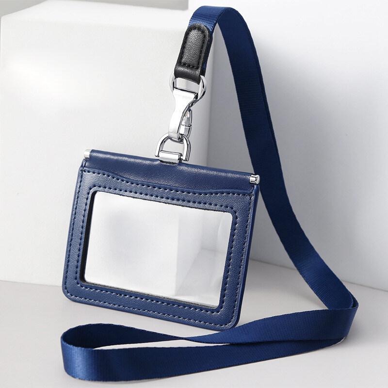 Double Sided Transparent PVC and Real Leather Work Card Holder with Lanyard Staff Hanging Neck Anti-interference Protection ID Badge Cards Cases