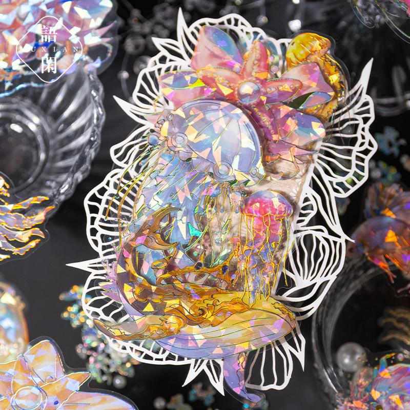Yuxian Seashell Light Gold PET Sticker Pack: Crystal Tide Series - 20 Pieces, 4 Styles, Jellyfish Collage Material.