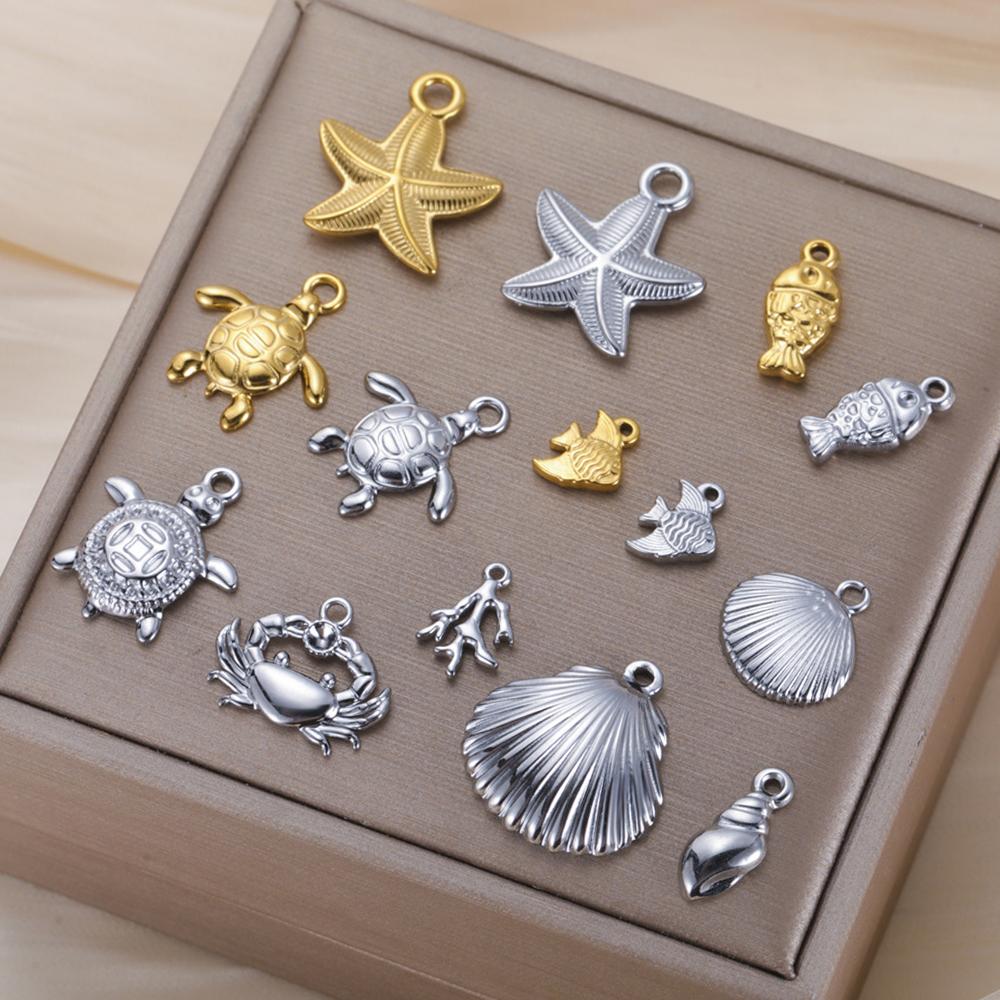 My Shape 5 Pcs Conch Starfish Coral Shell Charms Necklace Bracelet Summer Beach Stainless Steel Pendants for DIY Jewelry Making
