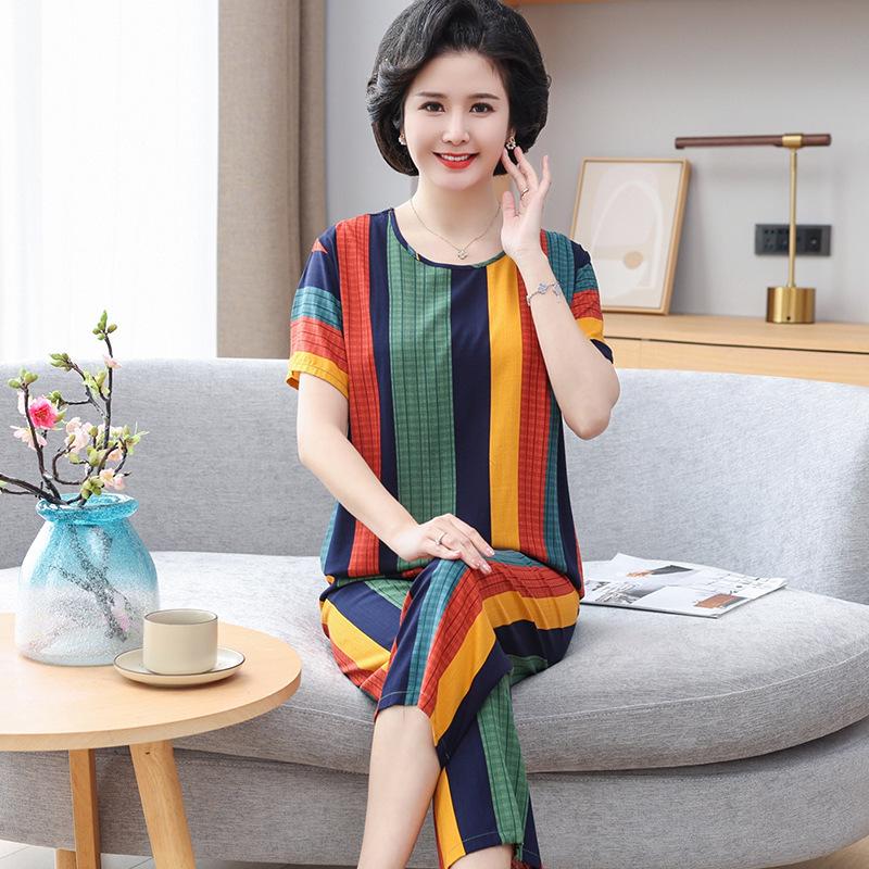 

Женский летний пижамный комплект из хлопка и шелка - двухпредметный с коротким рукавом для дома или улицы (2024). XL