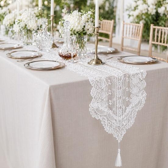 White Lace Table Runner, Vintage Floral Lace Table Runner, Rustic Boho Table Runner for Dining Table Wedding Bridal Shower Baby Shower Party