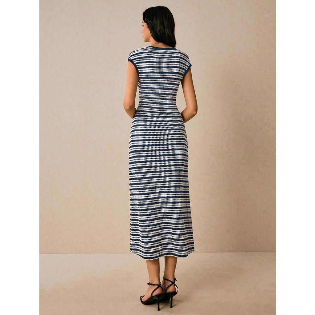 Women's Long Dress, Fashionable Casual, Color Blocked, Striped Dress, Waist Cinched, Round Neck, Short Sleeved, Long