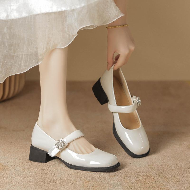 Mary Jane Shoes Women's Spring New Round Head Shallow Mouth Gentle Small Leather Shoes Thick Heel with Pearl Single Shoes Women