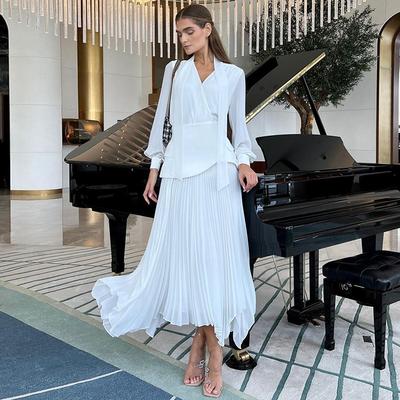 Women Dress Sets Skirt Two Piece Sets Elegant White Irregularity V Neck Full Sleeve Tops Lace Up Pleated A Line Long Skirts Suit