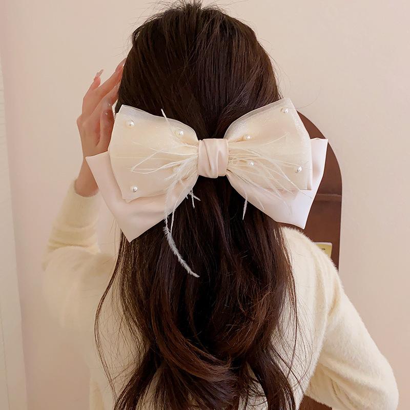 oversized bow mesh multi-layer pearl feather hairpin elegant spring clip fashion temperament versatile hair accessories