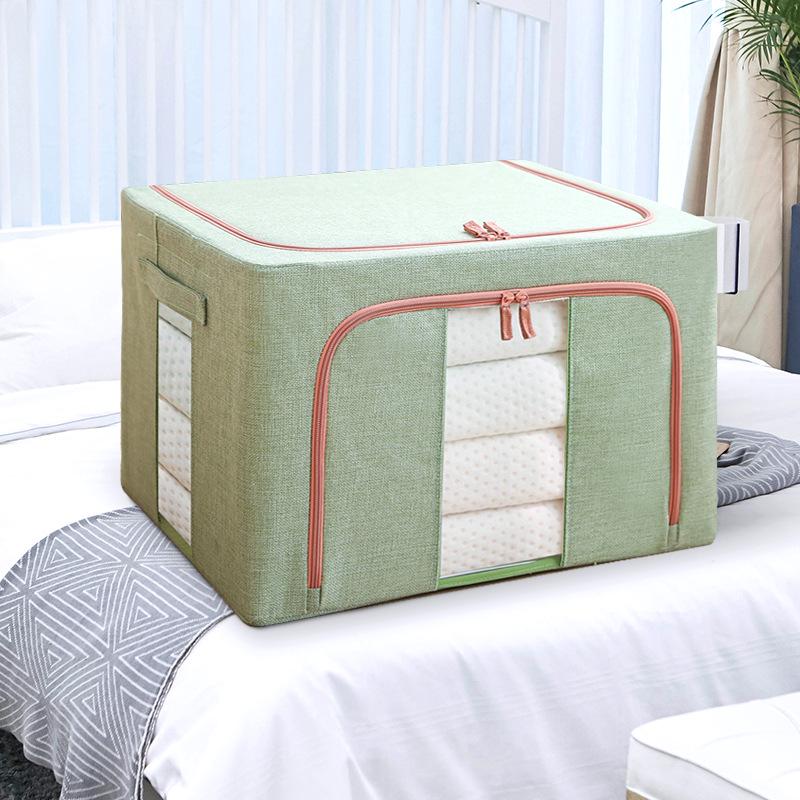 Large Capacity Foldable Storage Box, Cotton Linen Organizer with Steel Frame for Home Quilts and Clothes