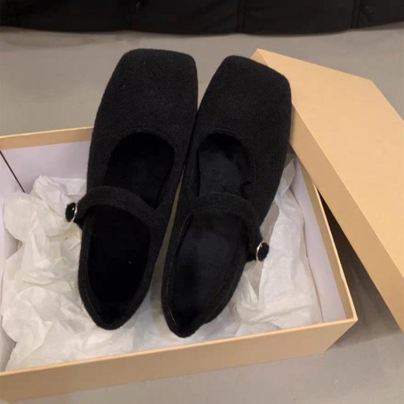 Sapatos Mary Jane de Lã para Mulheres Novos Outono e Inverno Temperamento Retro Francês Sapatos Baixos para Mulheres