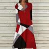Women's Summer Casual V-Neck Button Retro Geometric Print Three-quarter Sleeve Long Dress With Pockets