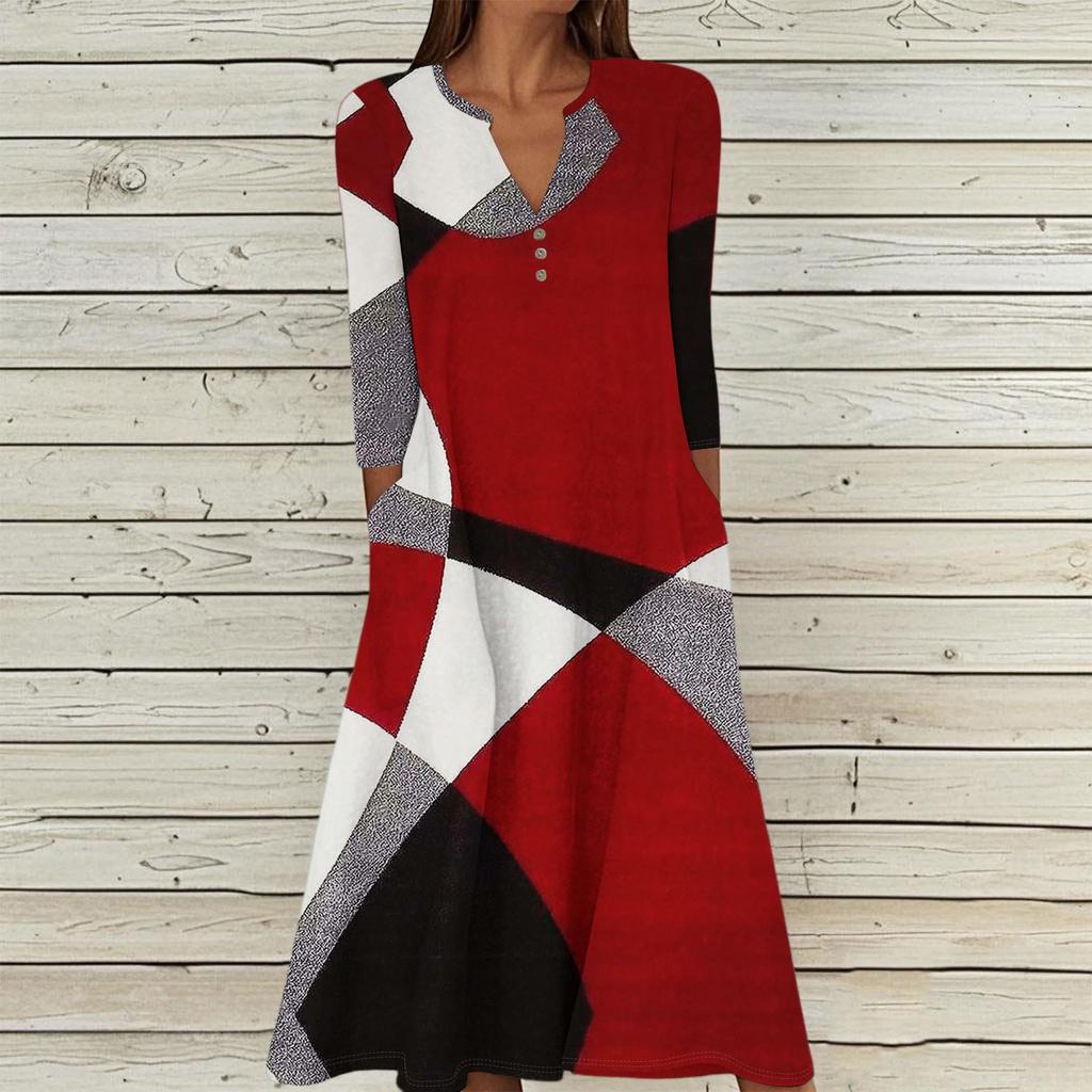 Women's Summer Casual V-Neck Button Retro Geometric Print Three-quarter Sleeve Long Dress With Pockets