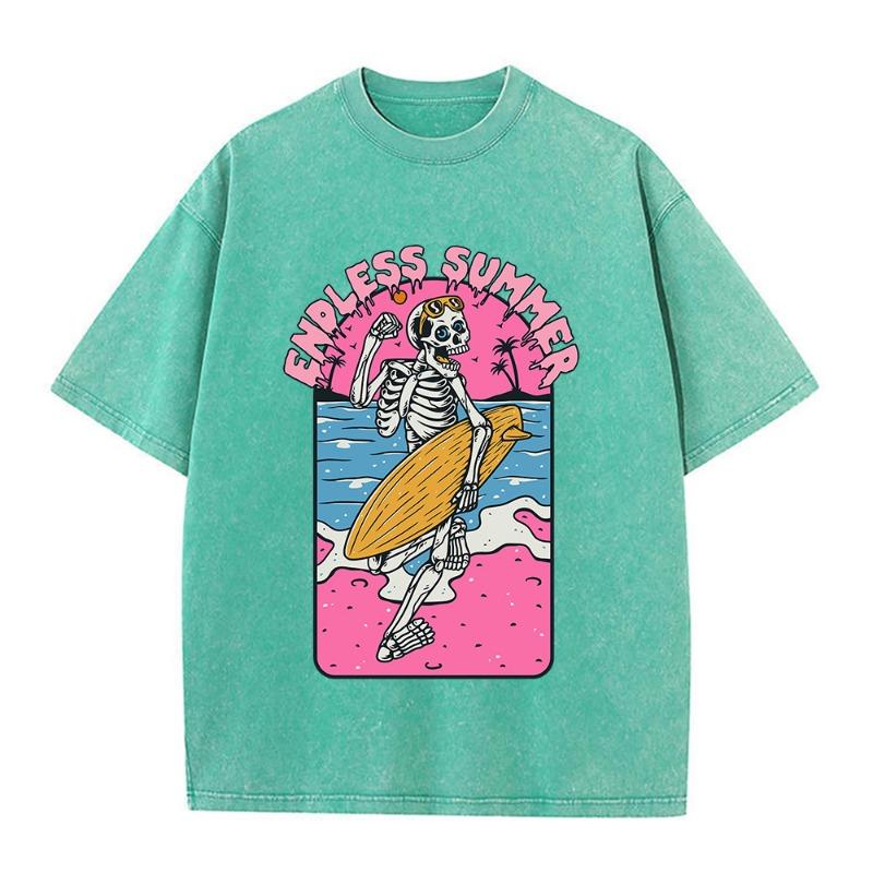 Endless Summer Skeleton Surfing Washed Retro Snow Clothing Men T-Shirt Summer Cotton