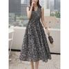 Korean Style Summer Lady Commuter Ol Retro Symbol Print V-neck Lace-up Waist Sleeveless Vest Mid-Length Dress
