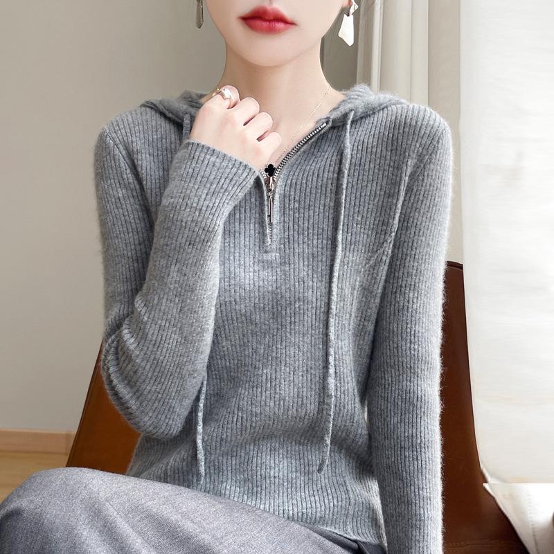 Women's Slim Fit Ribbed Wool Half-Zip Hoodie - Solid Color, Long Sleeve, Versatile for Autumn and Winter