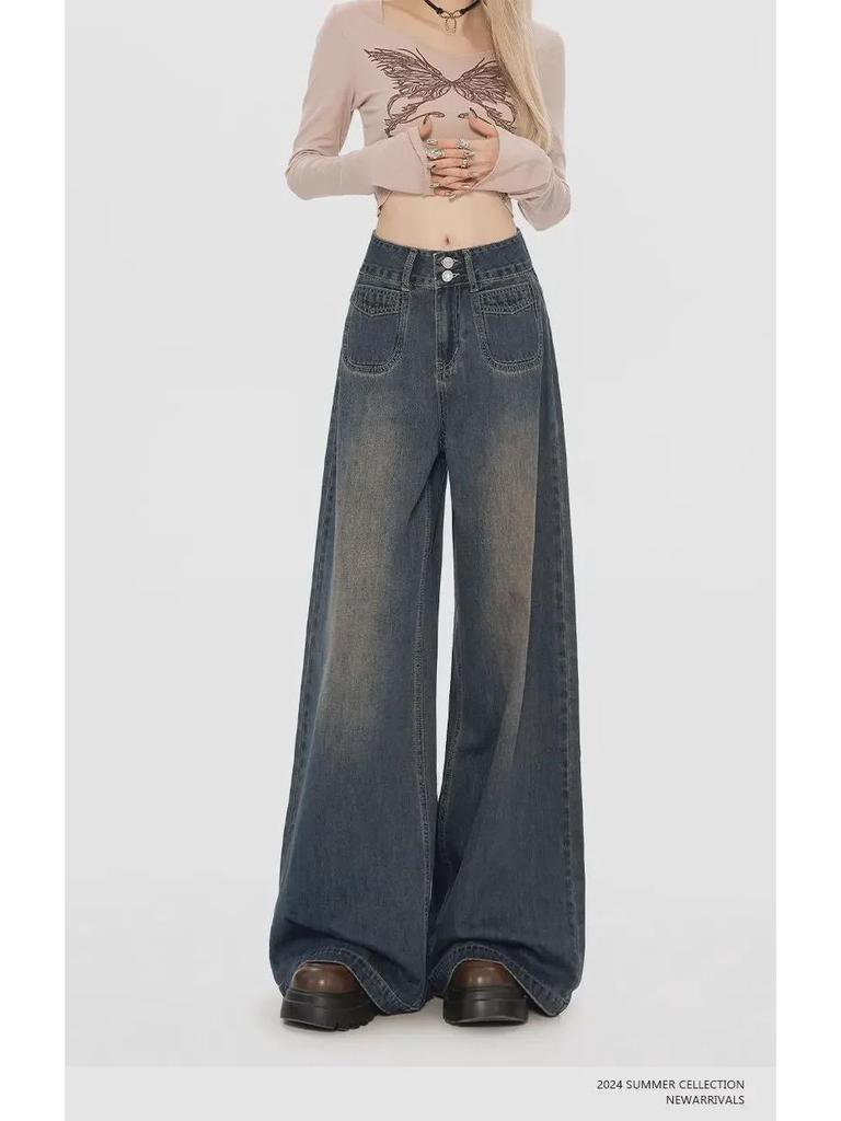 Retro Graue High-Waist Wide-Leg Jeans für Damen - Herbst 2024 Kollektion