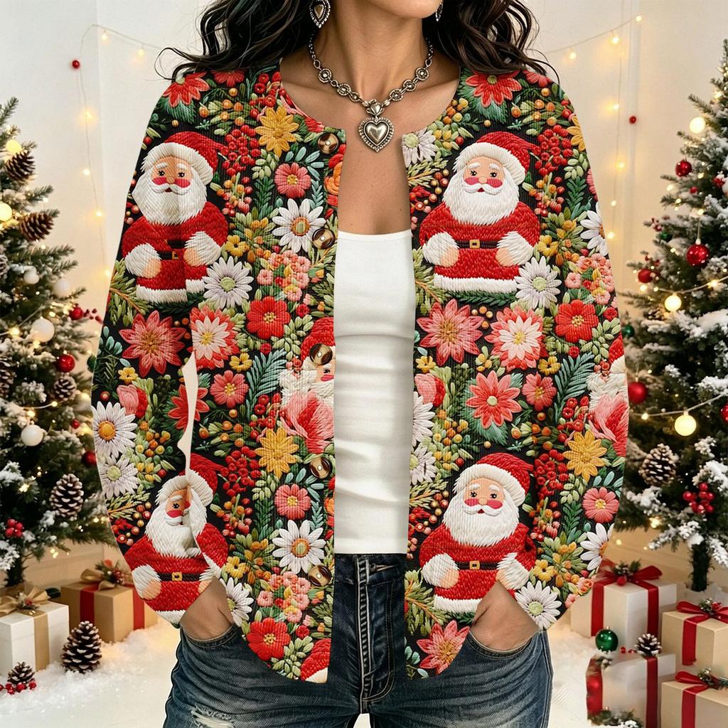 Women's Fashion Long Sleeve Christmas Print Cardigan for Casual Holiday Wear