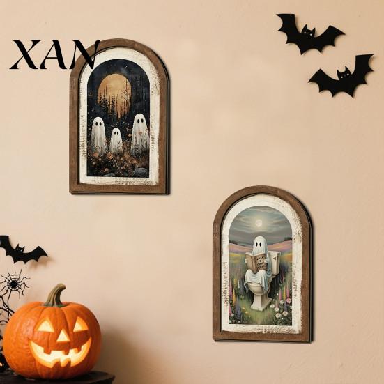 Farmhouse Ghost Decor Halloween Wall Decor, Cute Table Sign, Vintage Arch Framed Autumn Fireplace Accent Picture, Decorative Art for Mantel