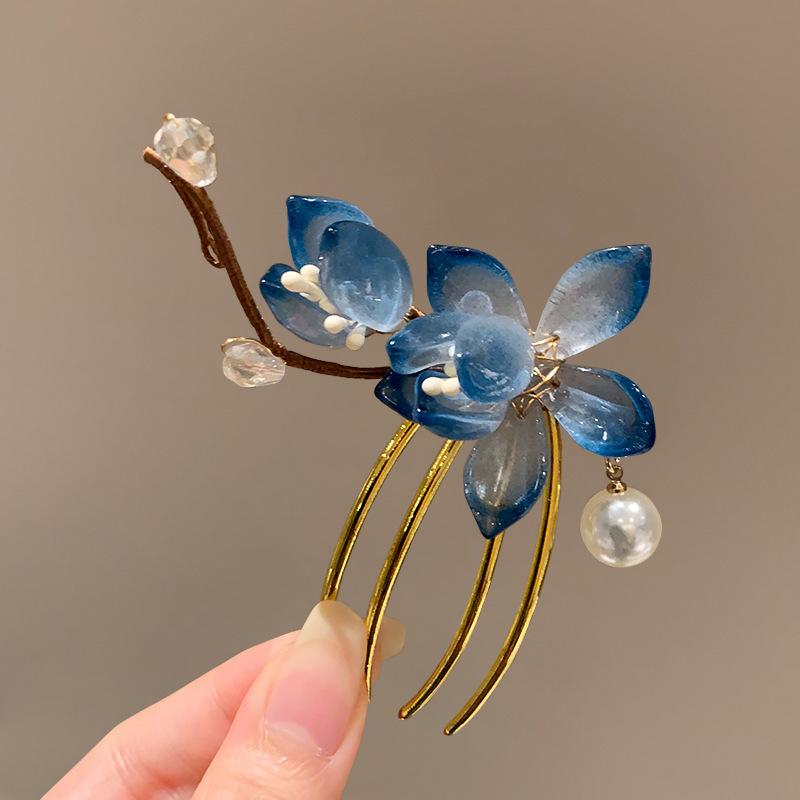 Vintage Flower Hairpin Elegant Chinese Style Glass Flower Hair Comb For Women Girls Exquisite Fairy Metal Hair Accessories 1pc