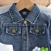 Toddler 3PCS Denim Outfit, Floral Decorated Flare Sleeve Jacket, Tank Top and Skirt