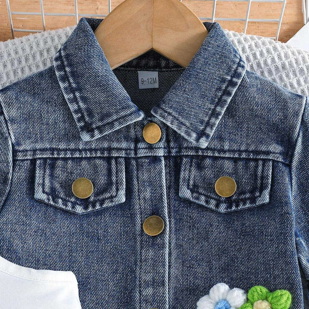 Toddler 3PCS Denim Outfit, Floral Decorated Flare Sleeve Jacket, Tank Top and Skirt