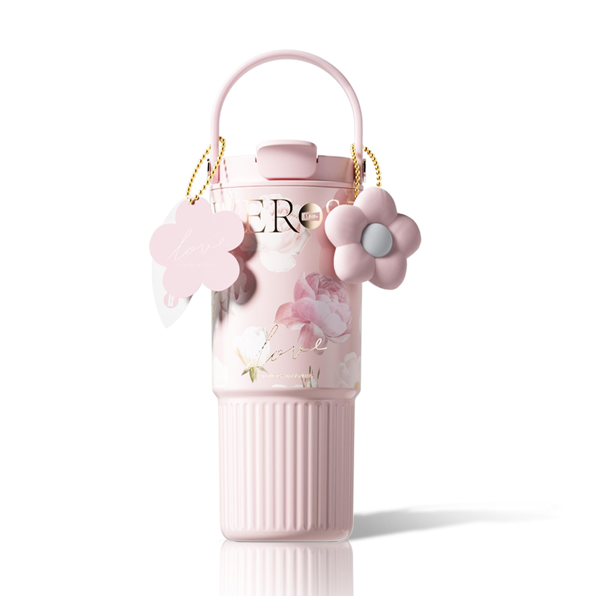 

Sidagar 750ml Stainless Steel Reusable Insulated Water Bottle with Portable Travel Coffee Floral Pink Strap, Cup,