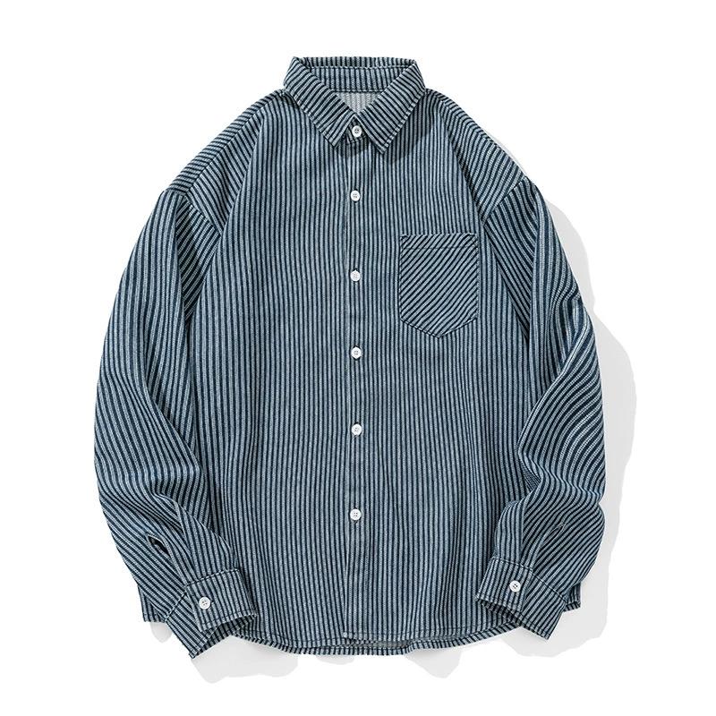 

2025 Весна Мужская хип-хоп полосатая рубашка колледж Винтаж Повседневная блузка Мужская свободная рубашка с длинным рукавом Y2K Streetwear Рубашки XXL синий