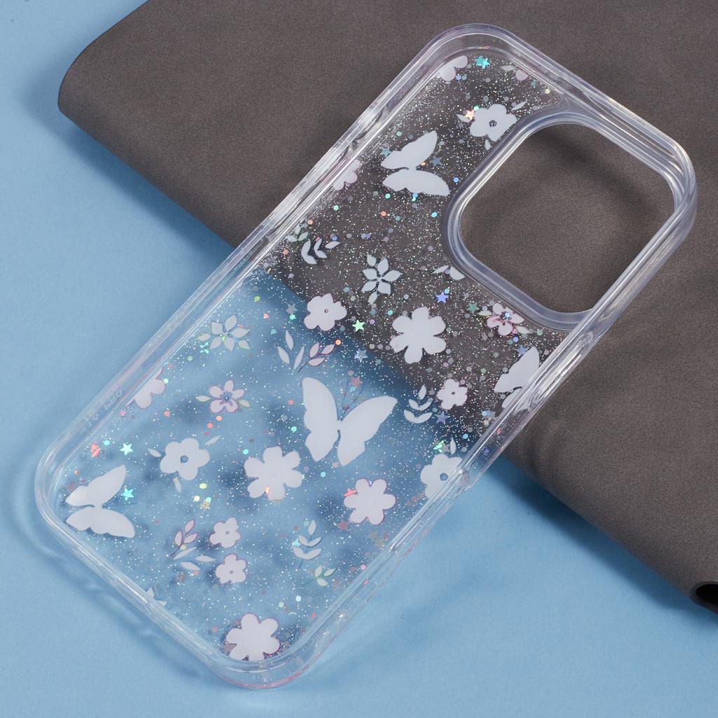 For iPhone 16 Pro Case Glitter Flower Epoxy Shockproof Phone Cover