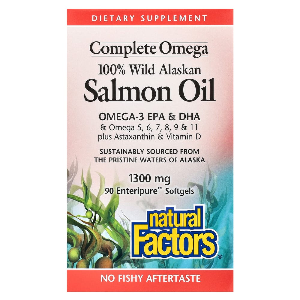 Natural Factors 100% Wild Alaskan Salmon Oil 1300mg Enteripure Softgels, 90 Count