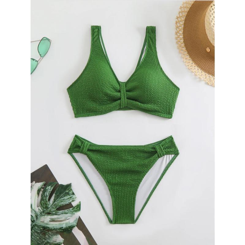 2025 Summer New Women's 2 Piece Swimsuit Solid Color High Waist Bikini Set V-neck Backless Beach Vacation Bathing Suit Swimwear
