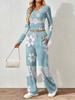 Floral pattern printed women's V-neck long-sleeved trousers set Comfortable casual versatile slim two-piece set